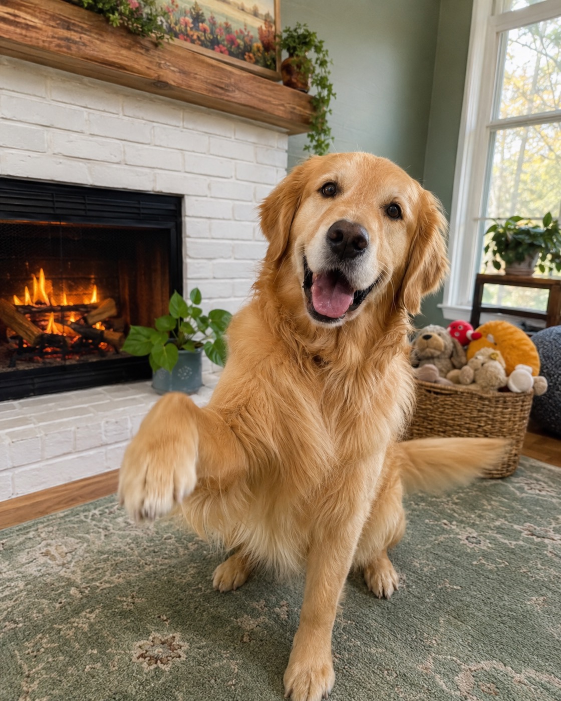 Family relaxing by the fireplace