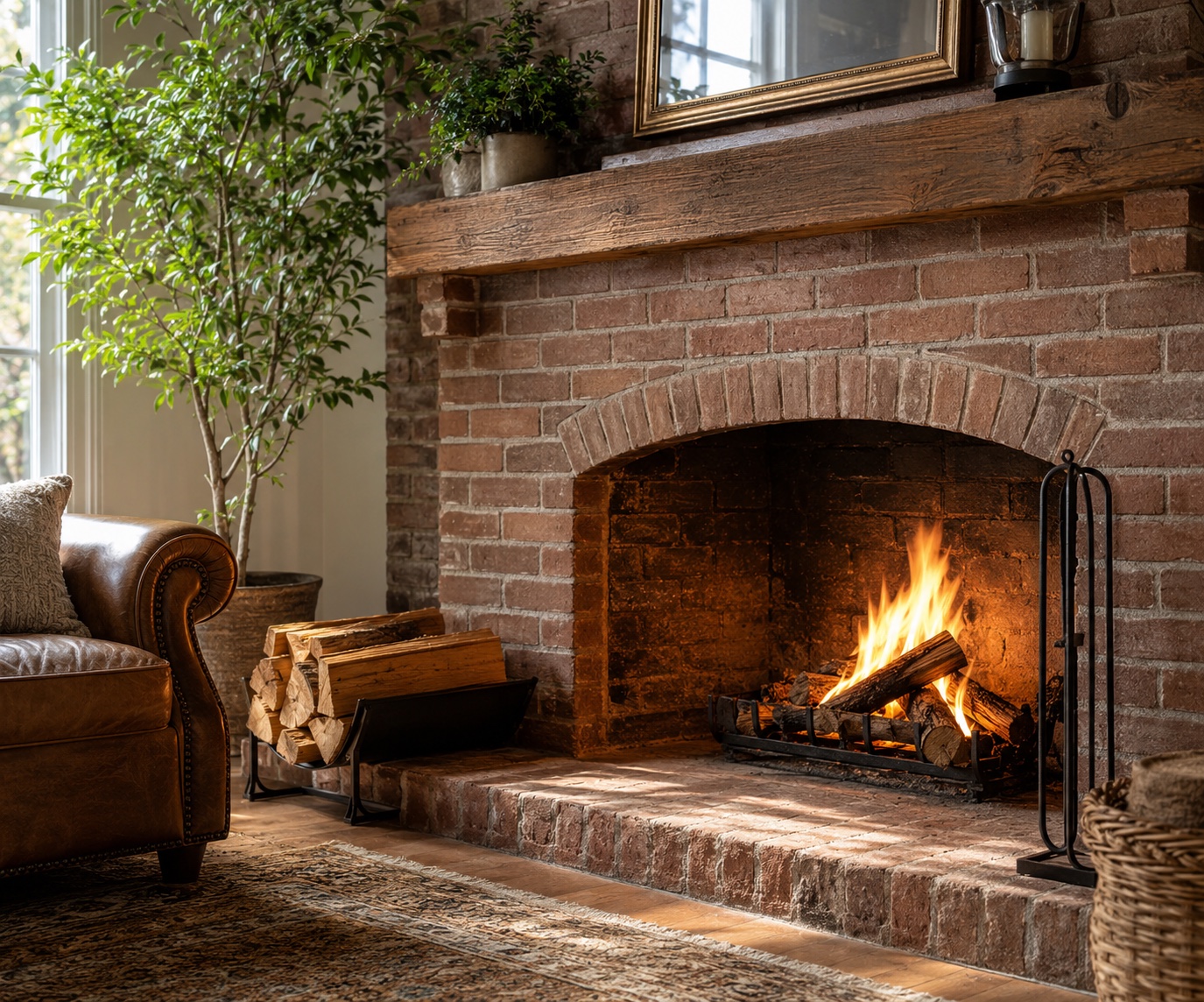Warm living room with a stone fireplace